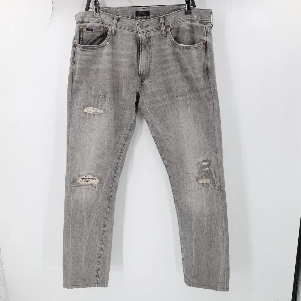 Polo Ralph Lauren Jeans Mens 34 36x30 Sullivan Slim Distressed Denim Rips gray